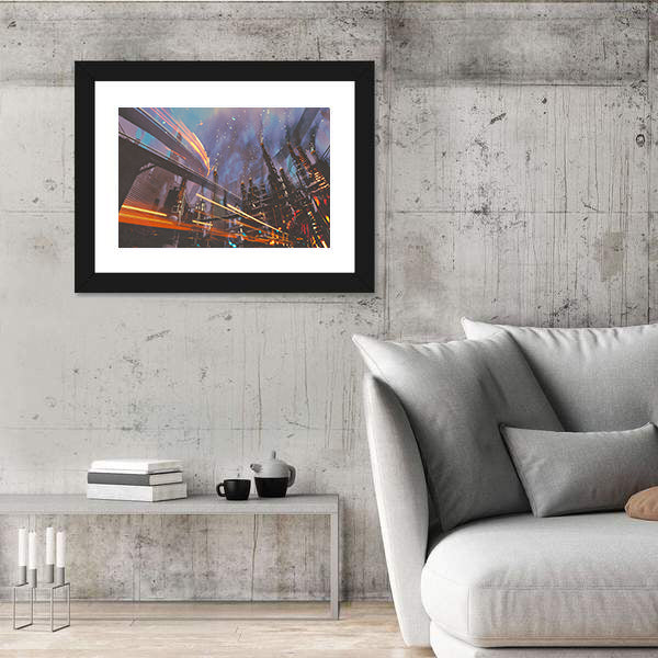Futuristic Industrial Cityscape at Night Canvas Wall Art