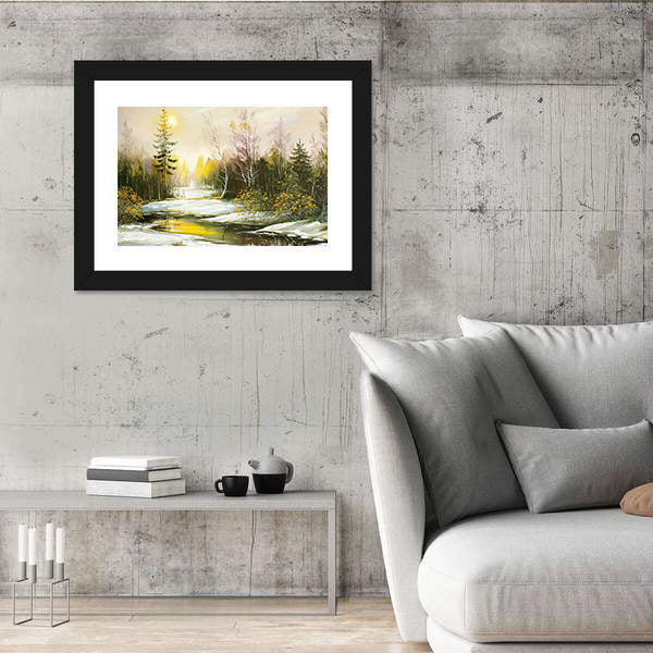 Winter Riverbank with Golden Light Canvas Wall Art
