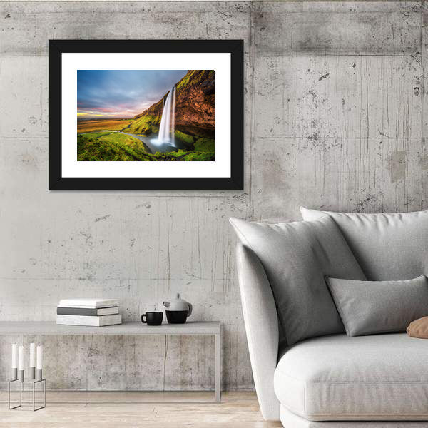 Seljalandsfoss Waterfall At Sunset In Iceland Canvas Wall Art