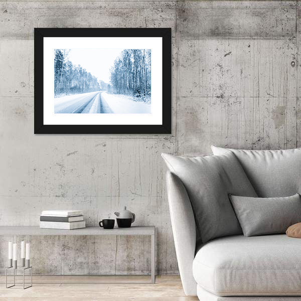 Snow Covered Open Road In Winter Canvas Wall Art