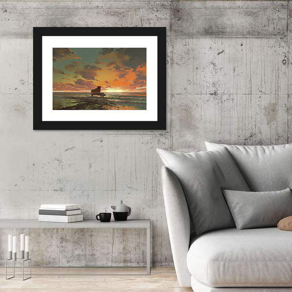 Surreal Piano On Beach Sunset Canvas Wall Art