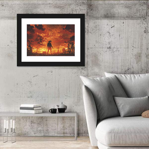 Zombie Silhouette in Burnt Cemetery Canvas Wall Art