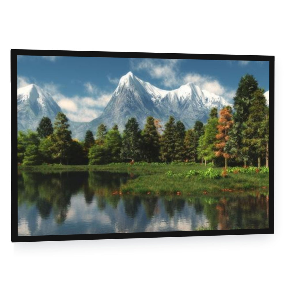 Snow-capped Mountains, Lake, and Forest Canvas Wall Art - single panel framed canvas in a black floating frame