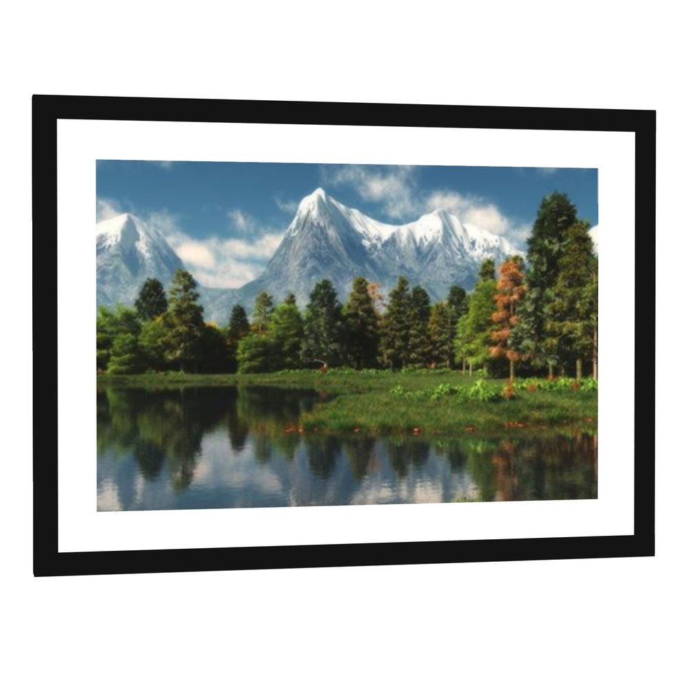 Snow-capped Mountains, Lake, and Forest Canvas Wall Art - single panel framed print with white mat in a black frame