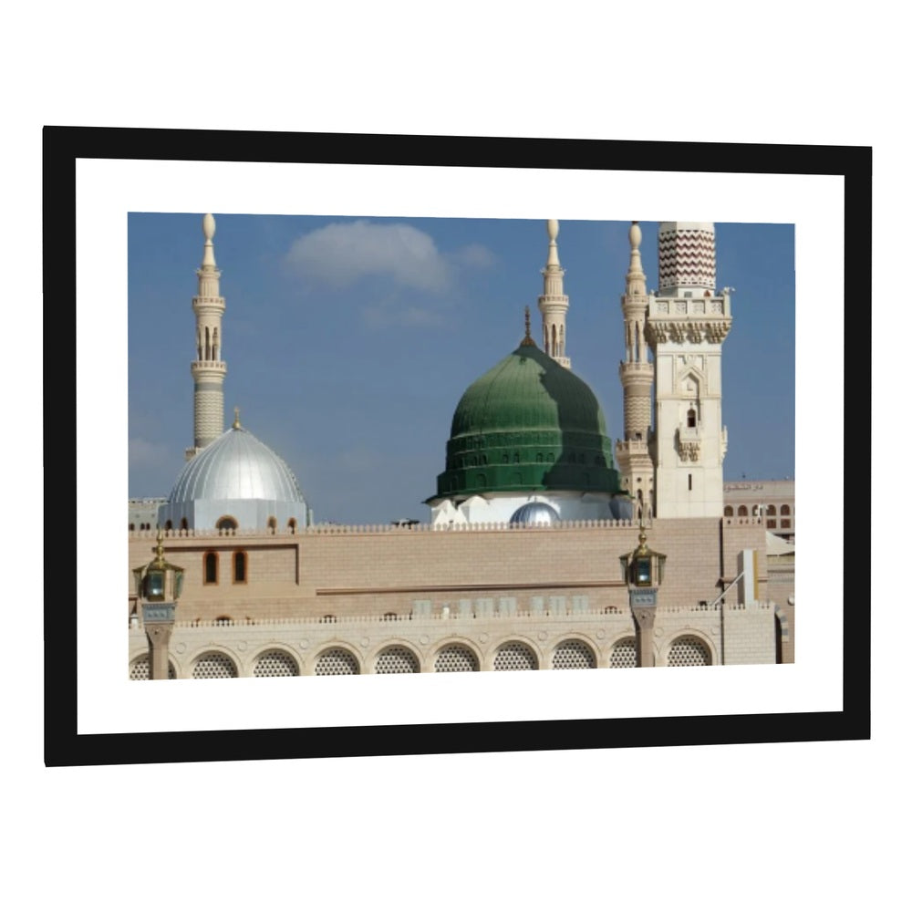Masjid E Nabawi Canvas Wall Art - single panel framed print with white mat in a black frame