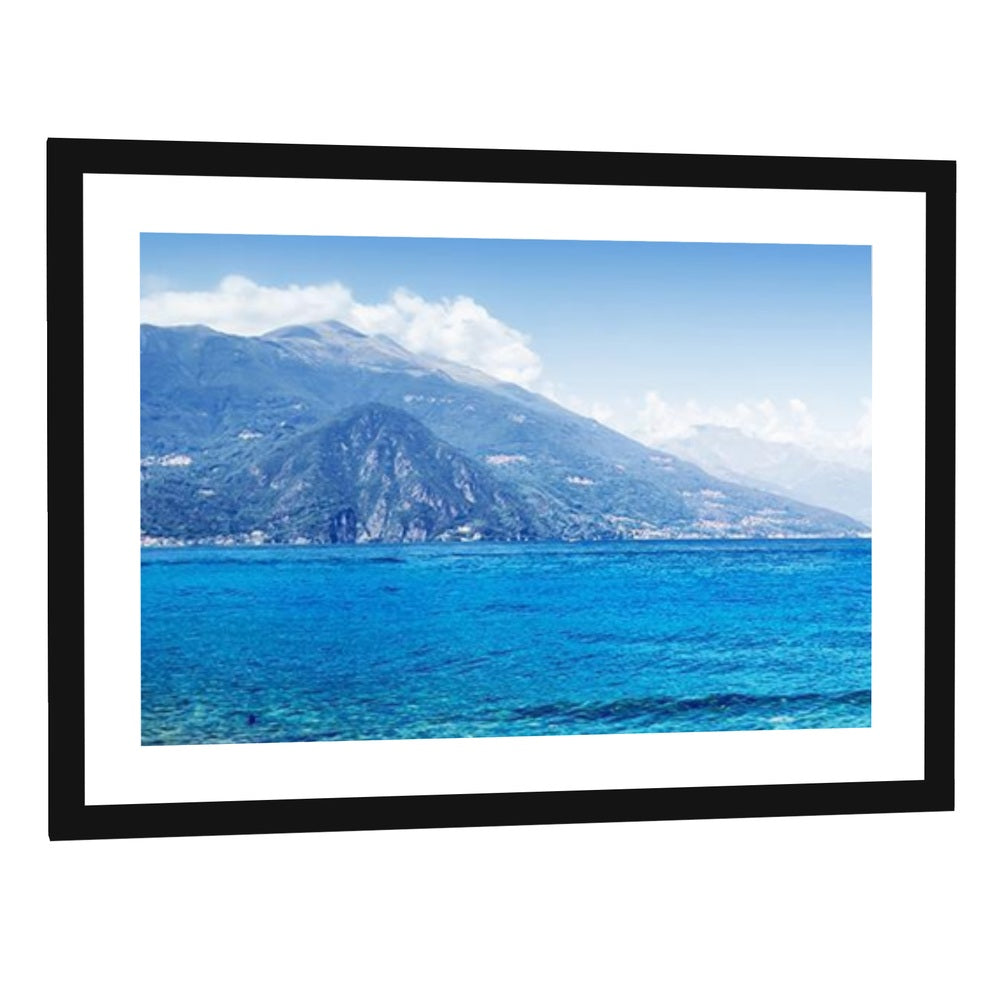 Lake Como Landscape Canvas Wall Art - single panel framed print with white mat in a black frame