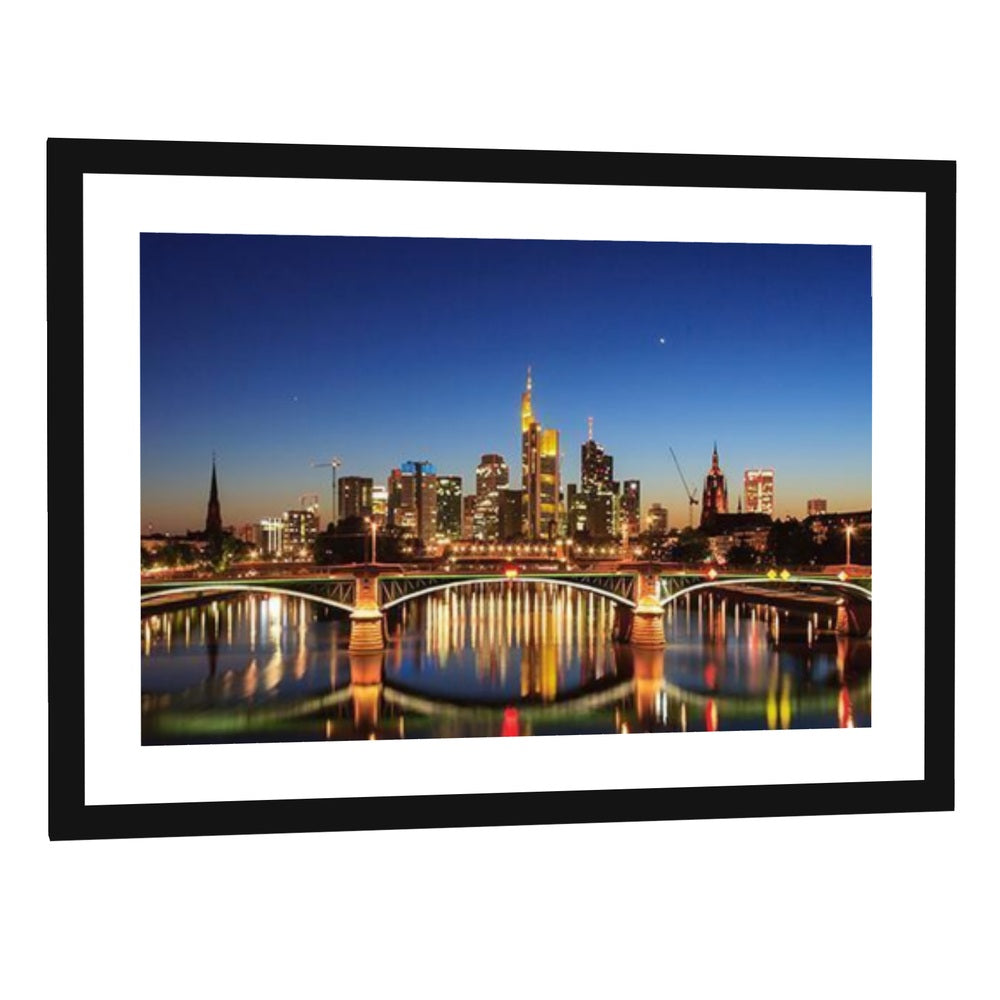 Frankfurt Skyline Over the Main River Canvas Wall Art - single panel framed print with white mat in a black frame