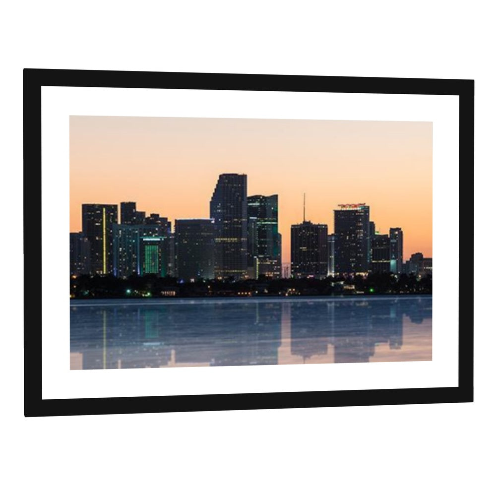 Miami Beach Skyline at Sunset Canvas Wall Art - single panel framed print with white mat in a black frame