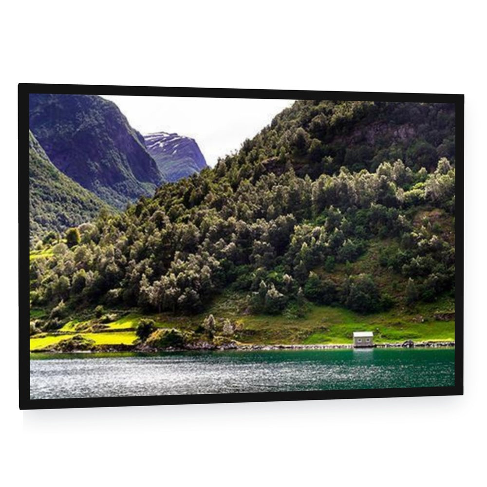 Norwegian Fjord with White House Canvas Wall Art - single panel framed canvas in a black floating frame