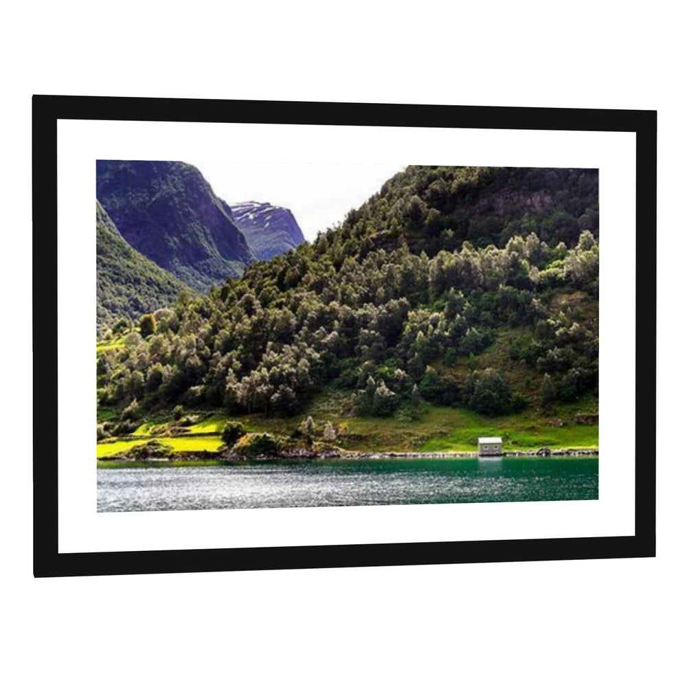 Norwegian Fjord with White House Canvas Wall Art - single panel framed print with white mat in a black frame