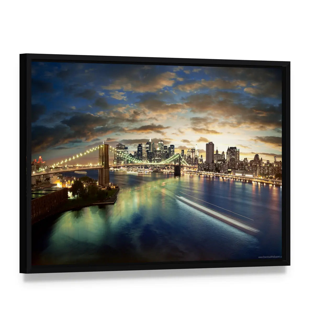 Clouds Over Brooklyn Bridge Canvas Wall Art, framed canvas in a black floater frame, angled product view