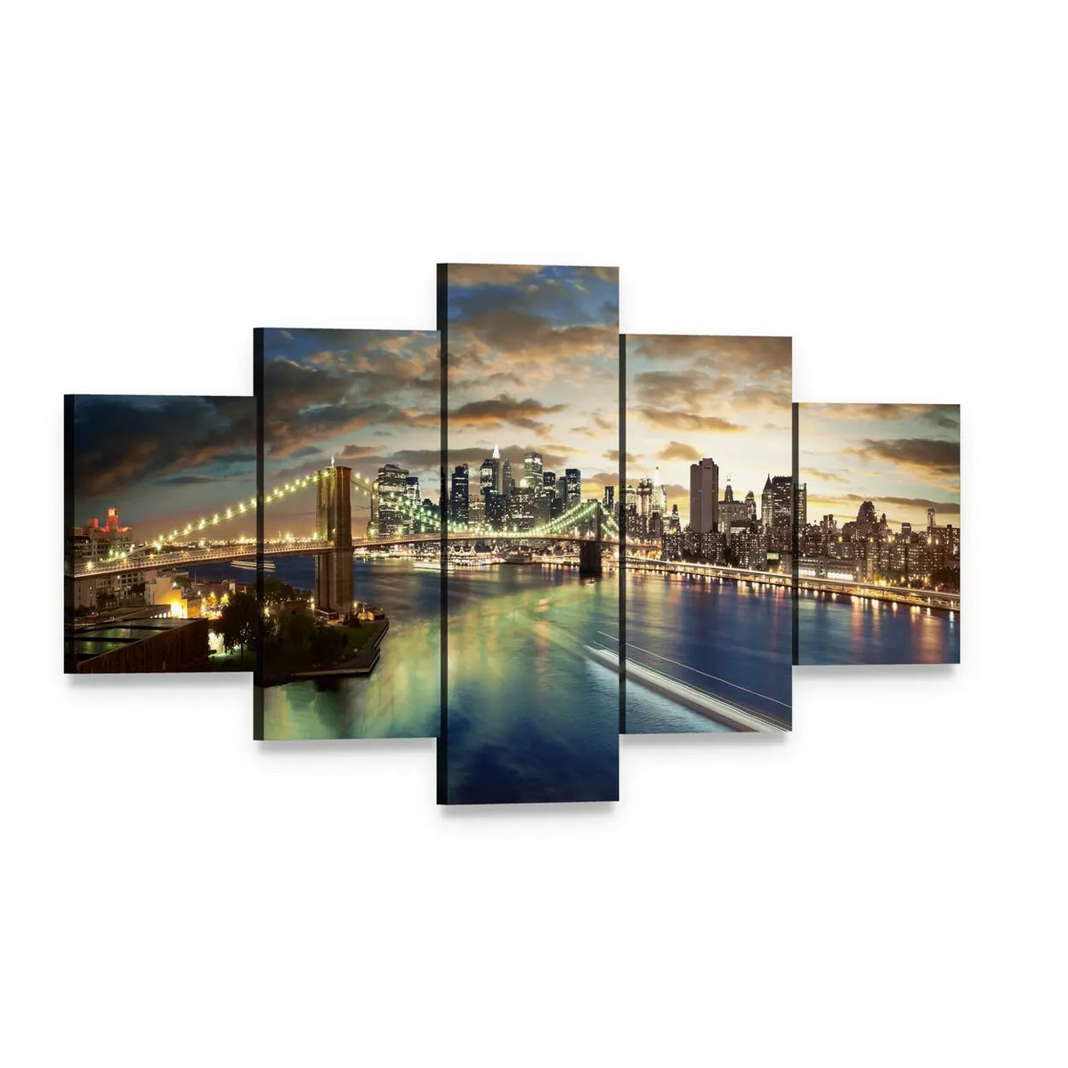 Clouds Over Brooklyn Bridge Canvas Wall Art, 5 panel 5 Star layout gallery wrapped canvas set, angled product view