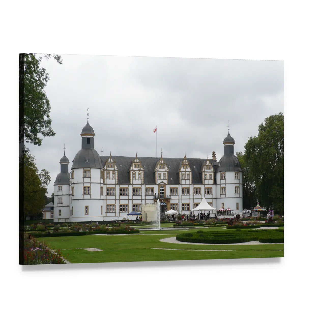 White Castle with Manicured Gardens Canvas Wall Art, single panel gallery wrapped canvas, angled product view