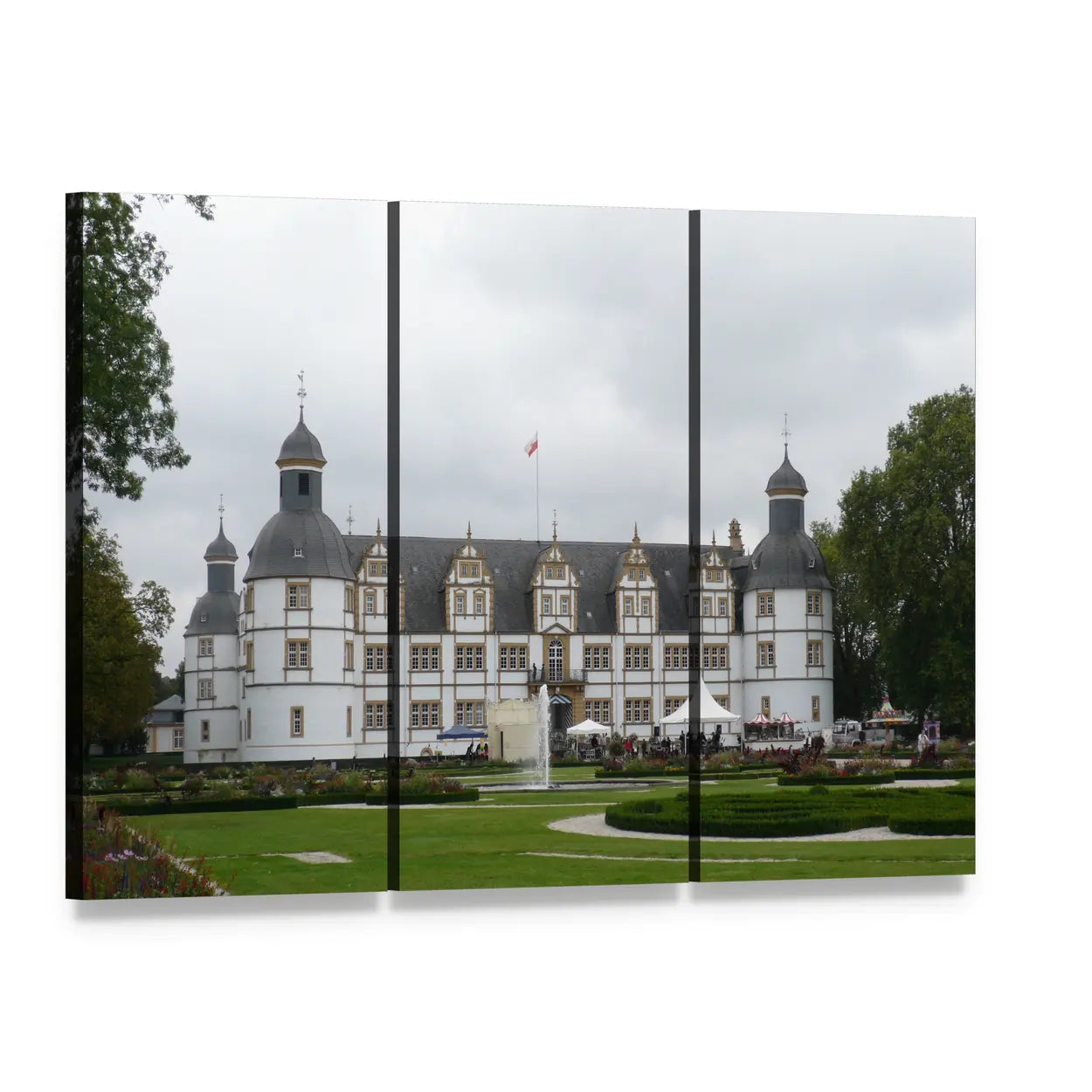 White Castle with Manicured Gardens Canvas Wall Art, 3 panel 3 Horizontal layout gallery wrapped canvas set, angled product view