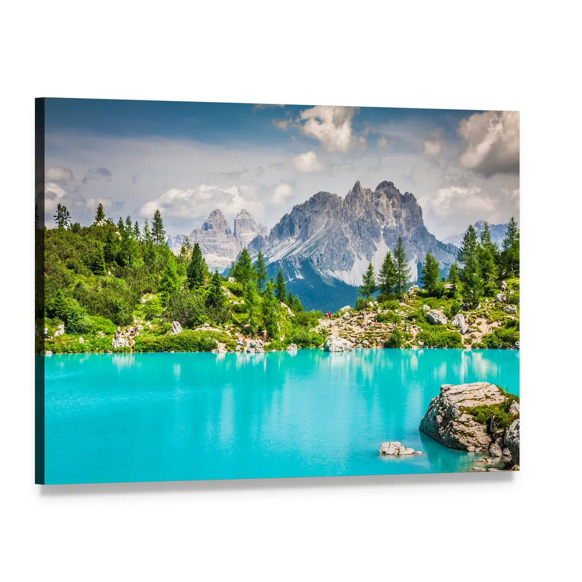 Sorapis Lake with Dolomite Peaks Canvas Wall Art, single panel gallery wrapped canvas, angled product view