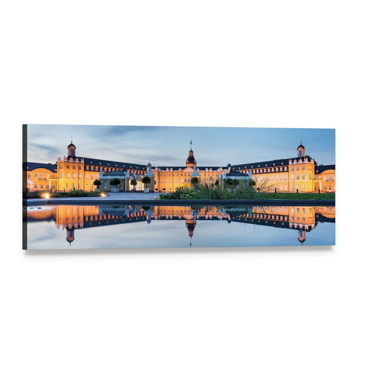 Karlsruhe Palace Reflection at Dusk Panoramic Canvas Wall Art, single panel gallery wrapped canvas, angled product view