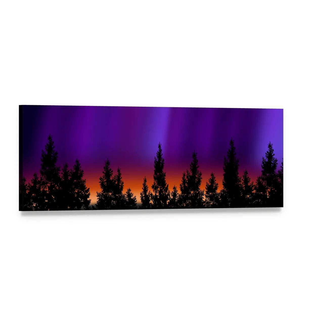 Northern Lights Over Pine Silhouettes Panoramic Canvas Wall Art, single panel gallery wrapped canvas, angled product view