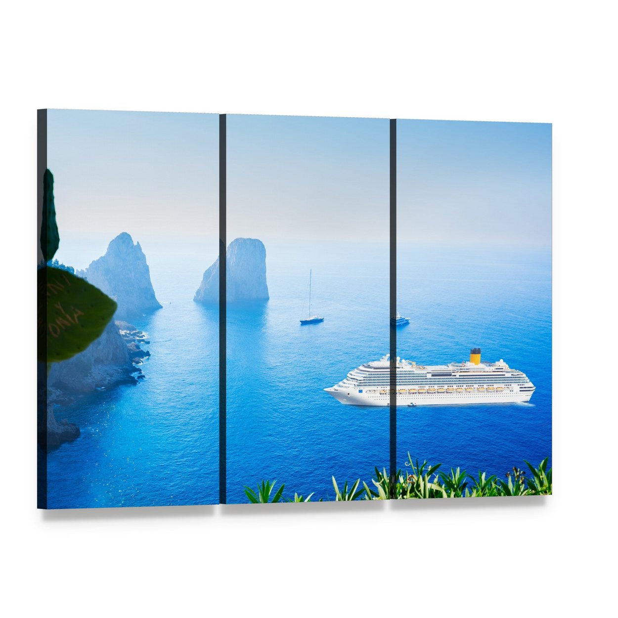 White Cruise Ship by Three Rock Formations Canvas Wall Art, 3 panel 3 Horizontal layout gallery wrapped canvas set, angled product view