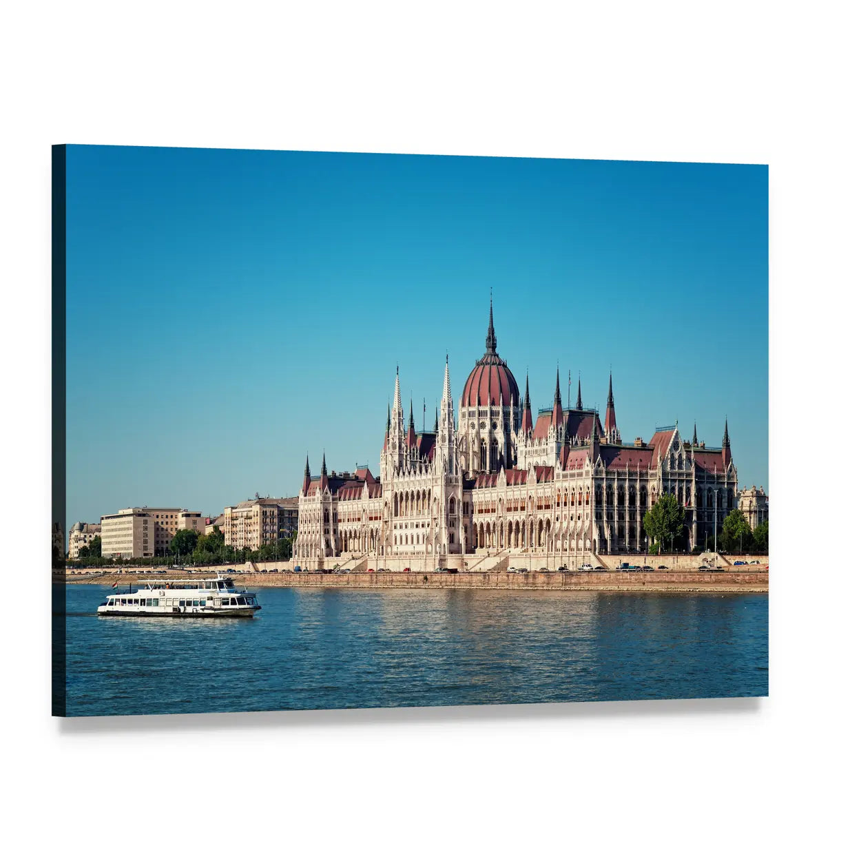 Hungarian Parliament by the River Canvas Wall Art, single panel gallery wrapped canvas, angled product view