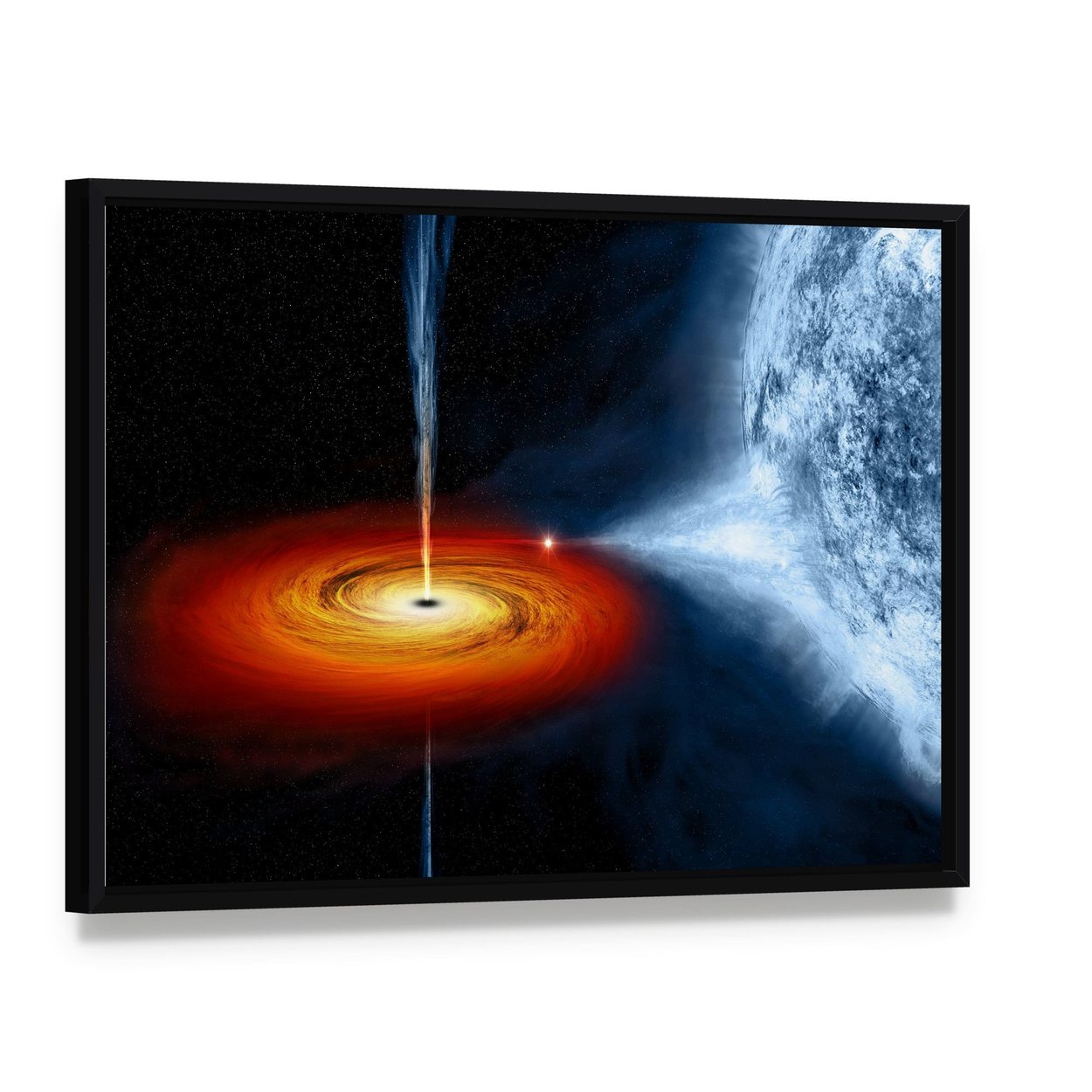 Black Hole Sucking Big White Dwarf Canvas Wall Art, framed canvas in a black floater frame, angled product view