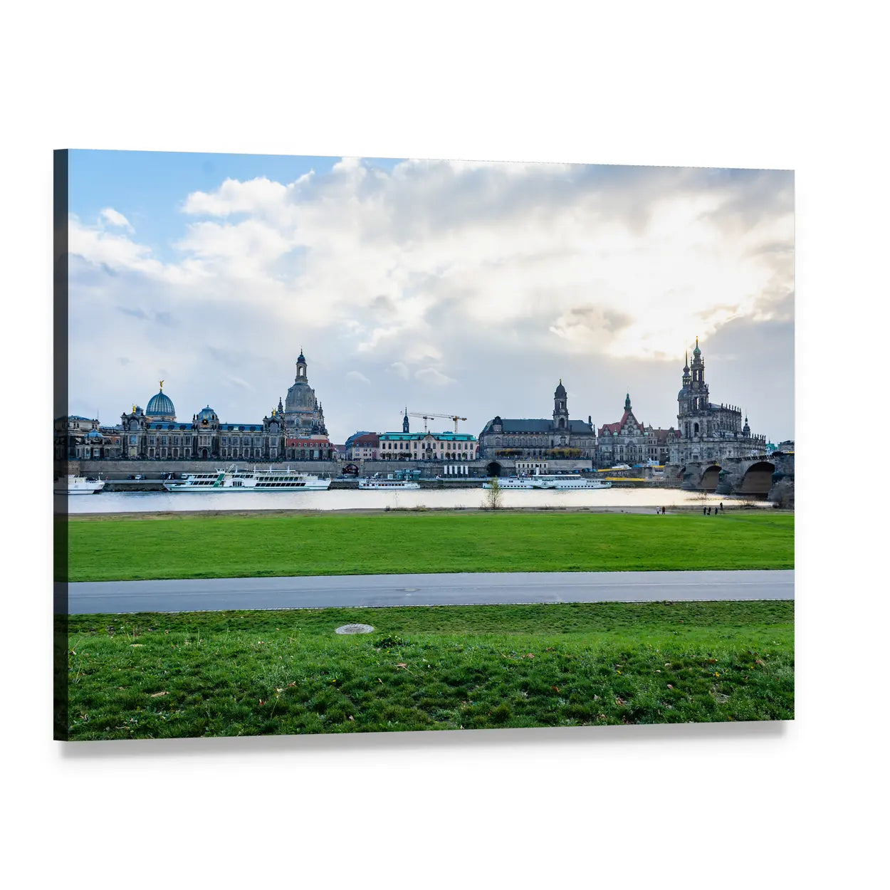 Dresden Riverfront Cityscape Canvas Wall Art, single panel gallery wrapped canvas, angled product view