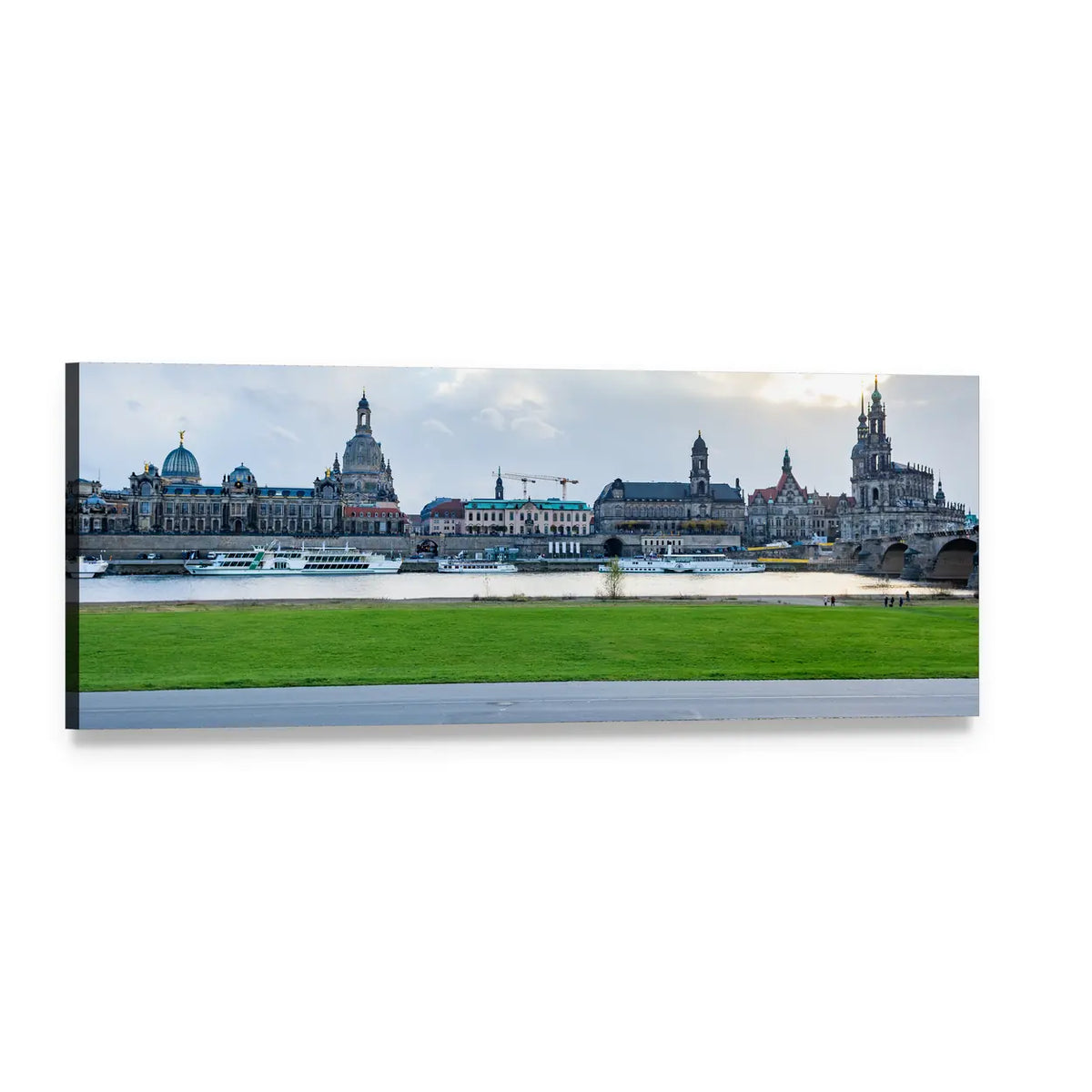 Dresden Riverfront Cityscape with Cathedral Panoramic Canvas Wall Art, single panel gallery wrapped canvas, angled product view