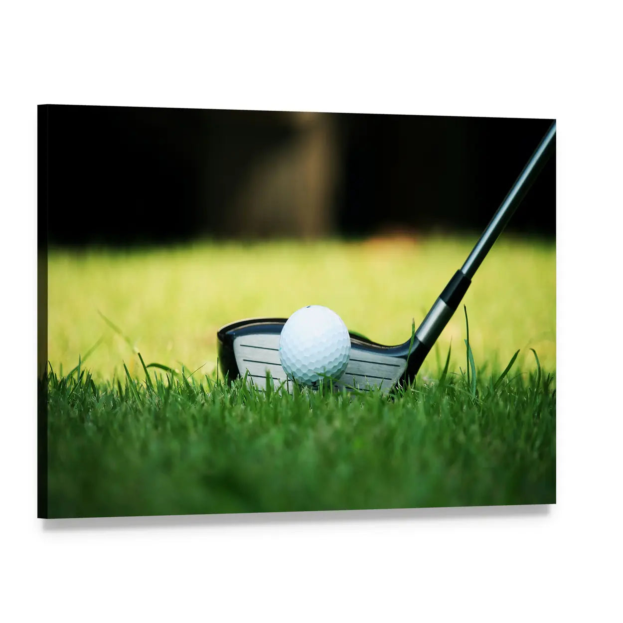 Dimpled Golf Ball and Iron Canvas Wall Art, single panel gallery wrapped canvas, angled product view