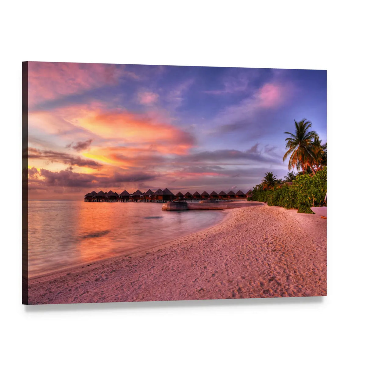 Vivid Sunset Over Tropical Beach Canvas Wall Art, single panel gallery wrapped canvas, angled product view