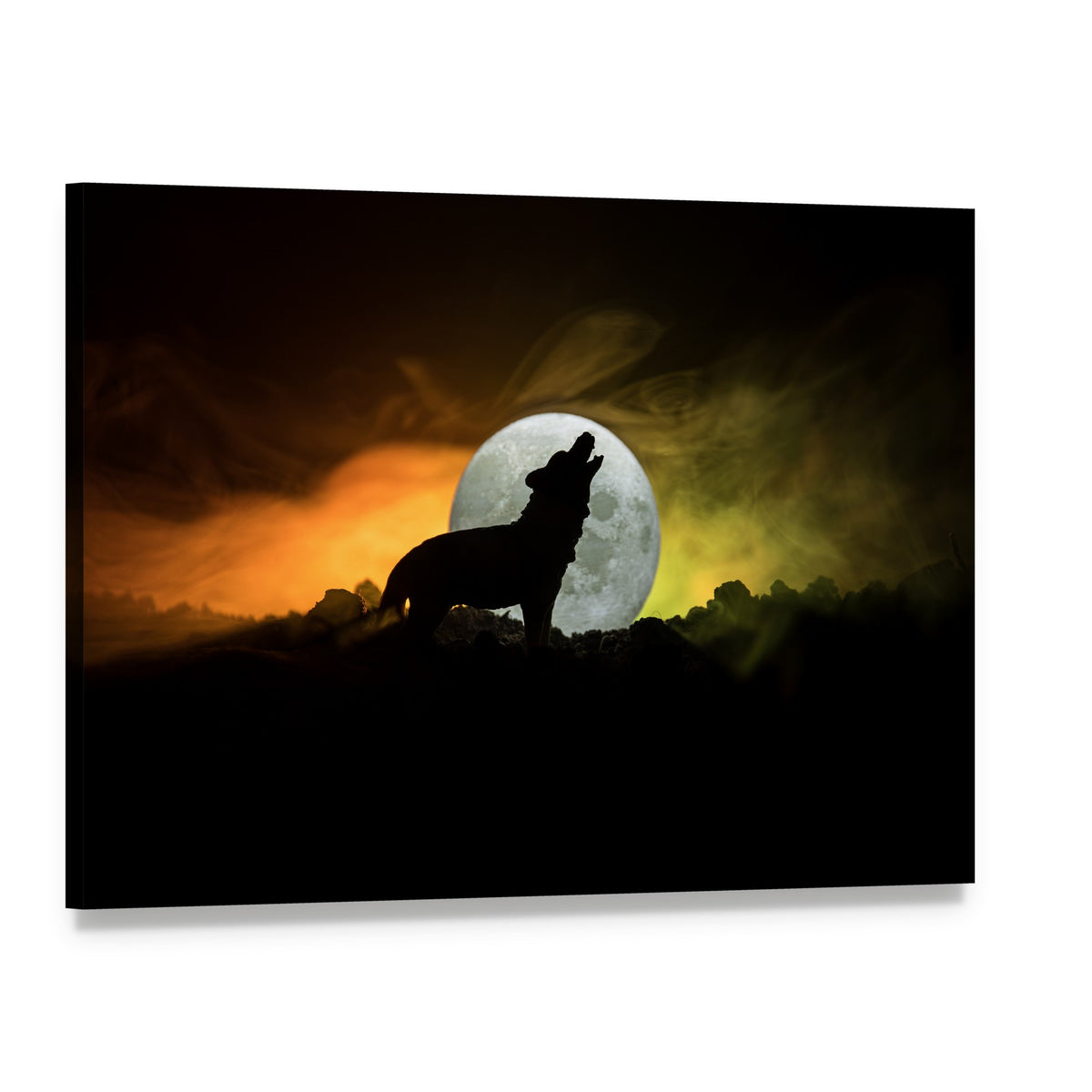 Howling Wolf Silhouette with Moon and Smoke Canvas Wall Art, single panel gallery wrapped canvas, angled product view