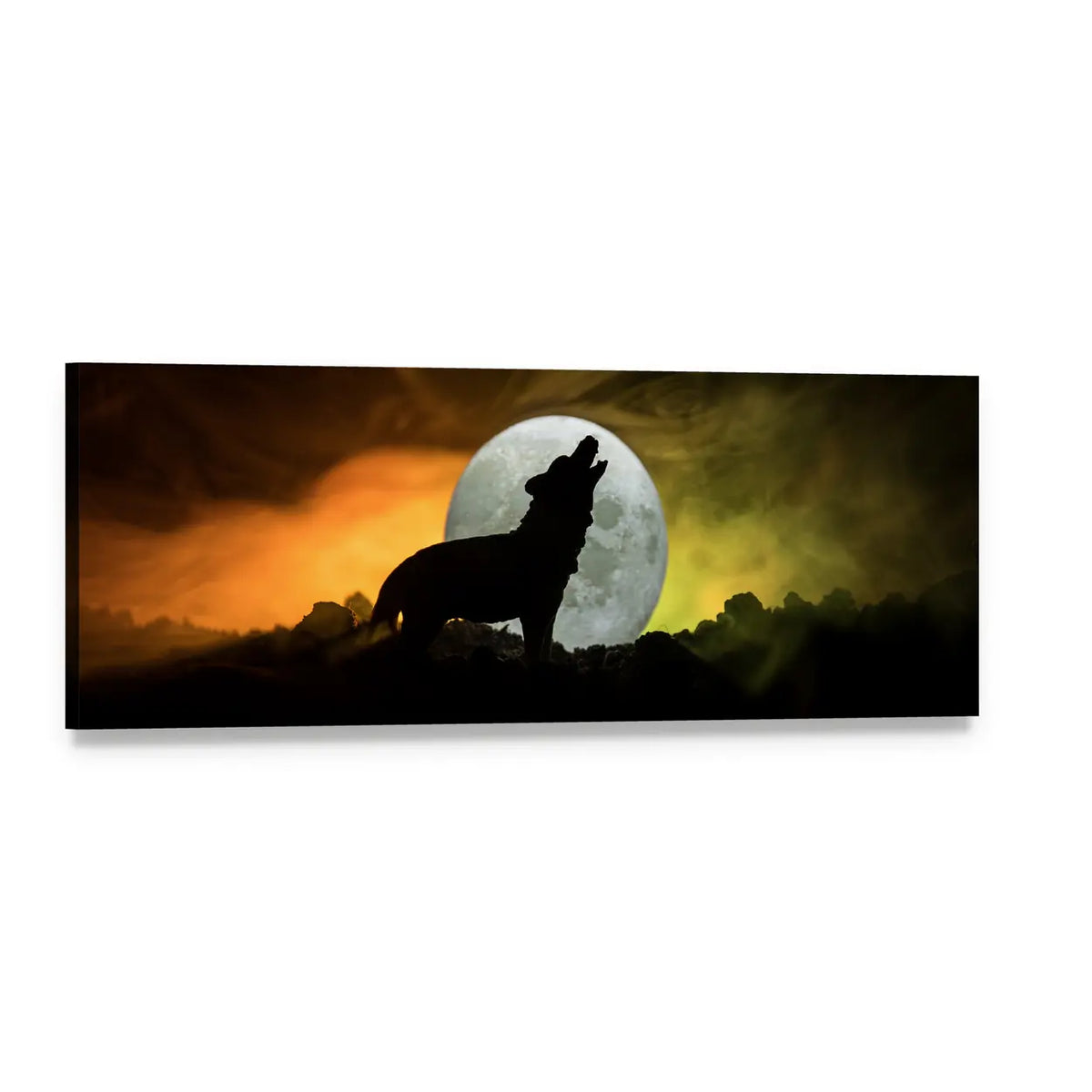 Howling Wolf Silhouette Under Full Moon Panoramic Canvas Wall Art, single panel gallery wrapped canvas, angled product view