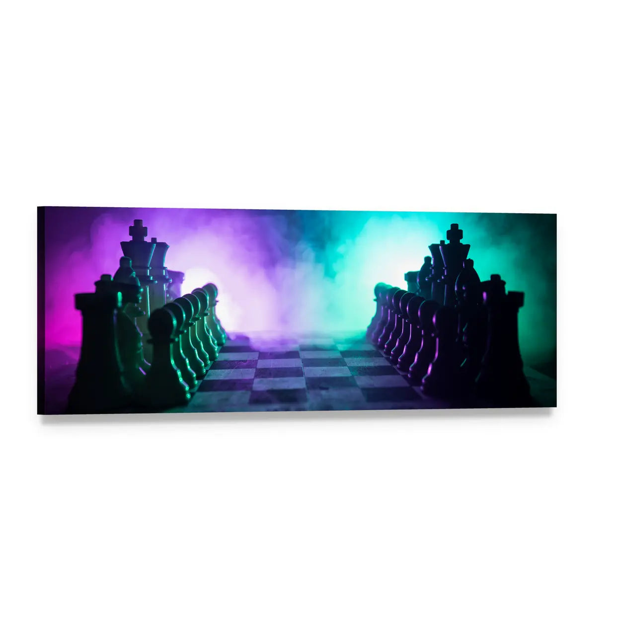 Chessboard Confrontation in Purple and Teal Panoramic Canvas Wall Art, single panel gallery wrapped canvas, angled product view