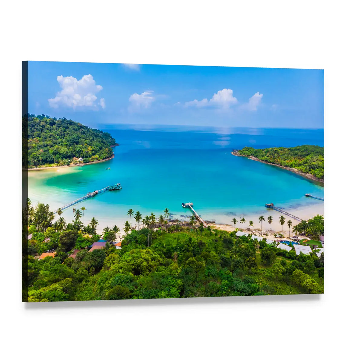 Aerial Tropical Bay with Wooden Pier Canvas Wall Art, single panel gallery wrapped canvas, angled product view