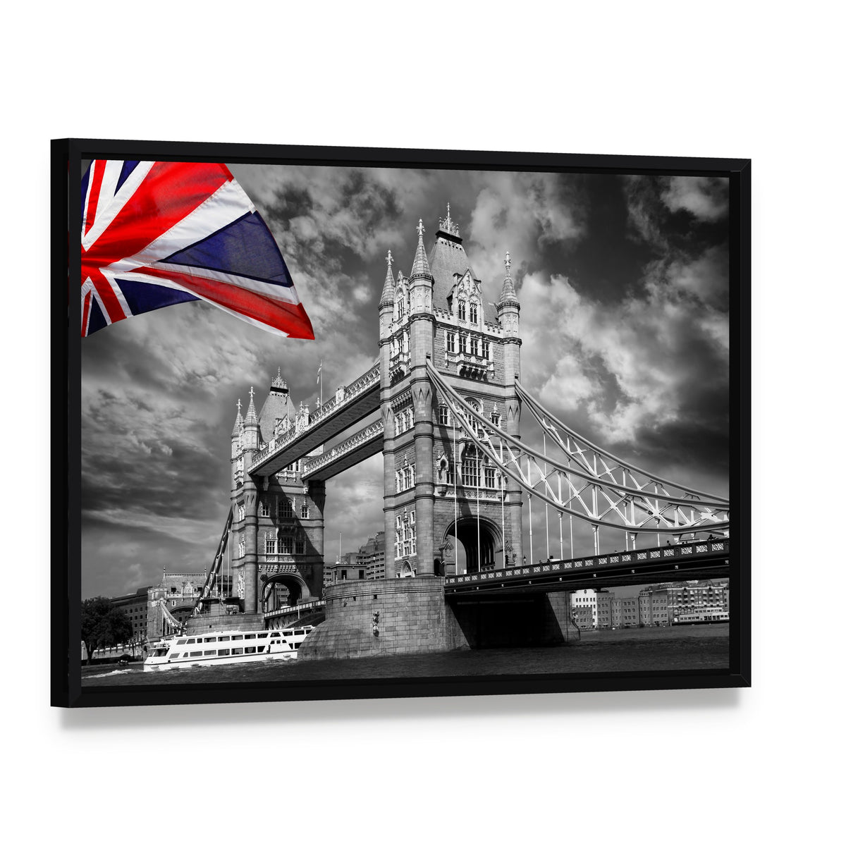 Tower Bridge London Canvas Wall Art, framed canvas in a black floater frame, angled product view