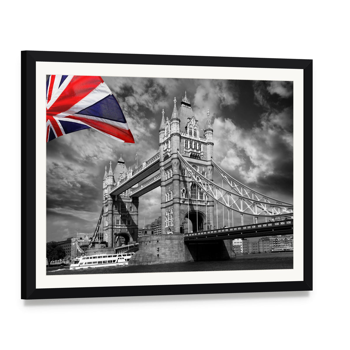 Tower Bridge London Canvas Wall Art, framed print with white mat and black frame, angled product view