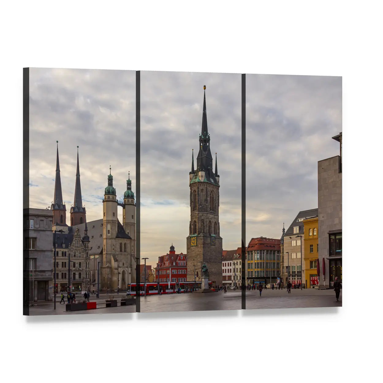 Halle Market Square with Gothic Spires Canvas Wall Art, 3 panel 3 Horizontal layout gallery wrapped canvas set, angled product view