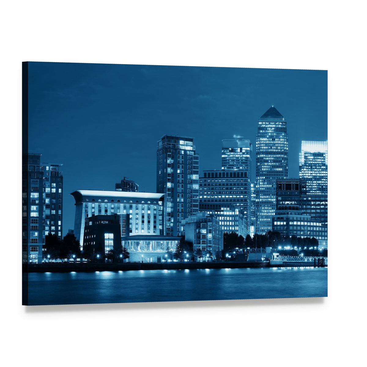 Canary Wharf London Night Skyline Canvas Wall Art, single panel gallery wrapped canvas, angled product view