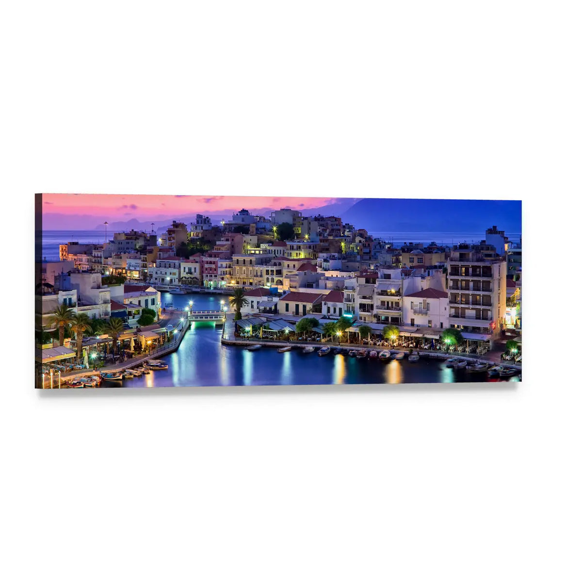 Agios Nikolaos Harbor at Dusk Panoramic Canvas Wall Art, single panel gallery wrapped canvas, angled product view