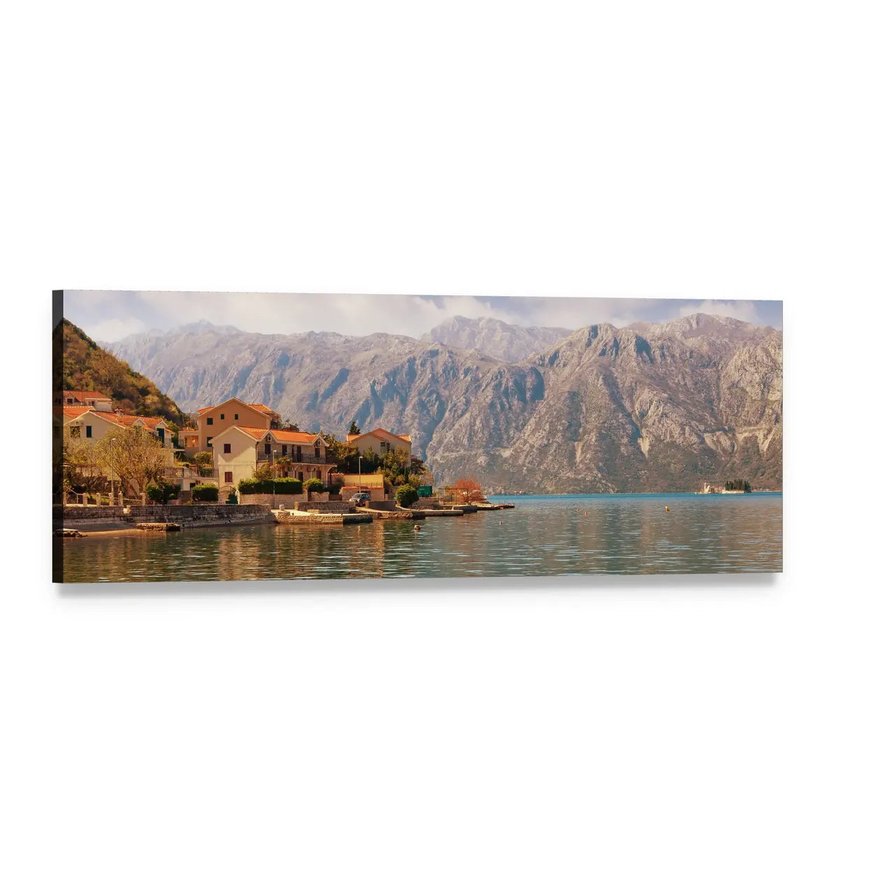Bay of Kotor with Small Islands Panoramic Canvas Wall Art, single panel gallery wrapped canvas, angled product view