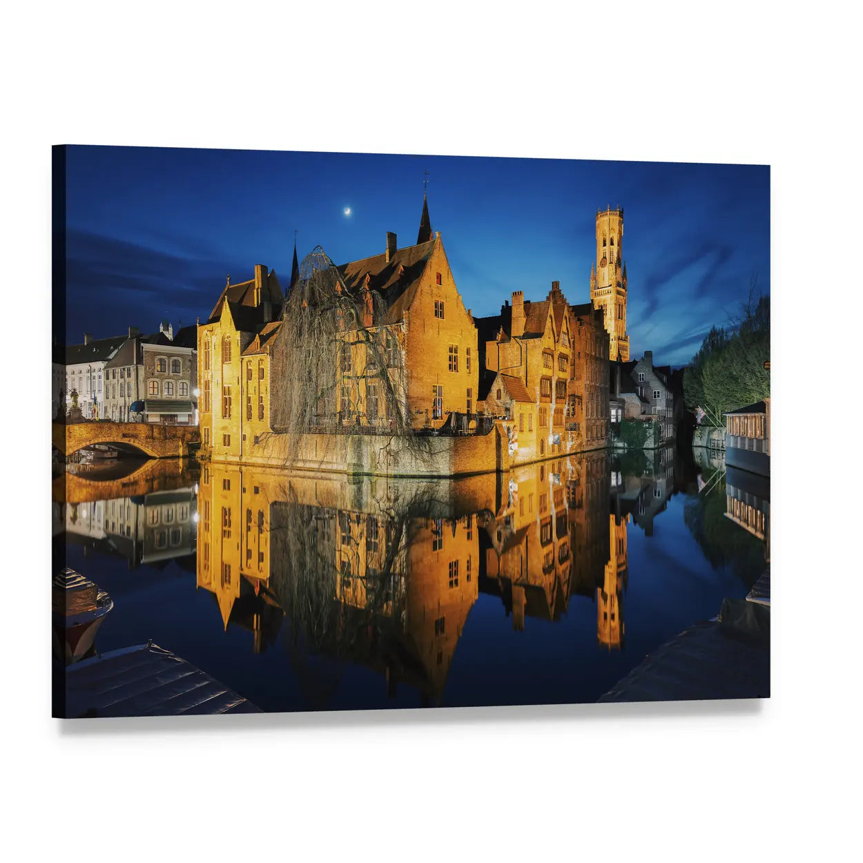 Historic Canal and Tower at Twilight Canvas Wall Art, single panel gallery wrapped canvas, angled product view