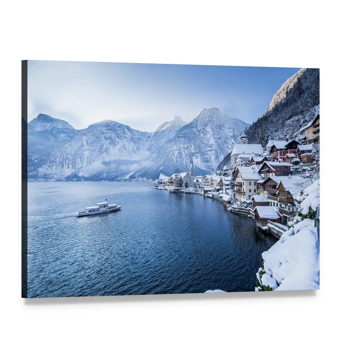 Hallstatt Lake in Winter Canvas Wall Art, single panel gallery wrapped canvas, angled product view