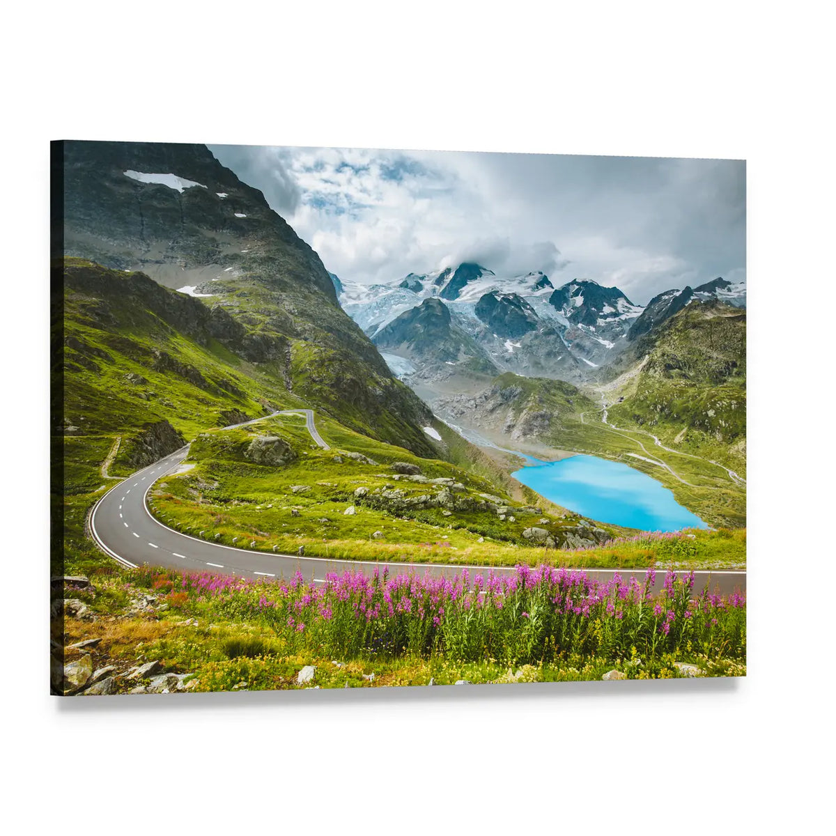Winding Mountain Pass Road with Alpine Lake Canvas Wall Art, single panel gallery wrapped canvas, angled product view