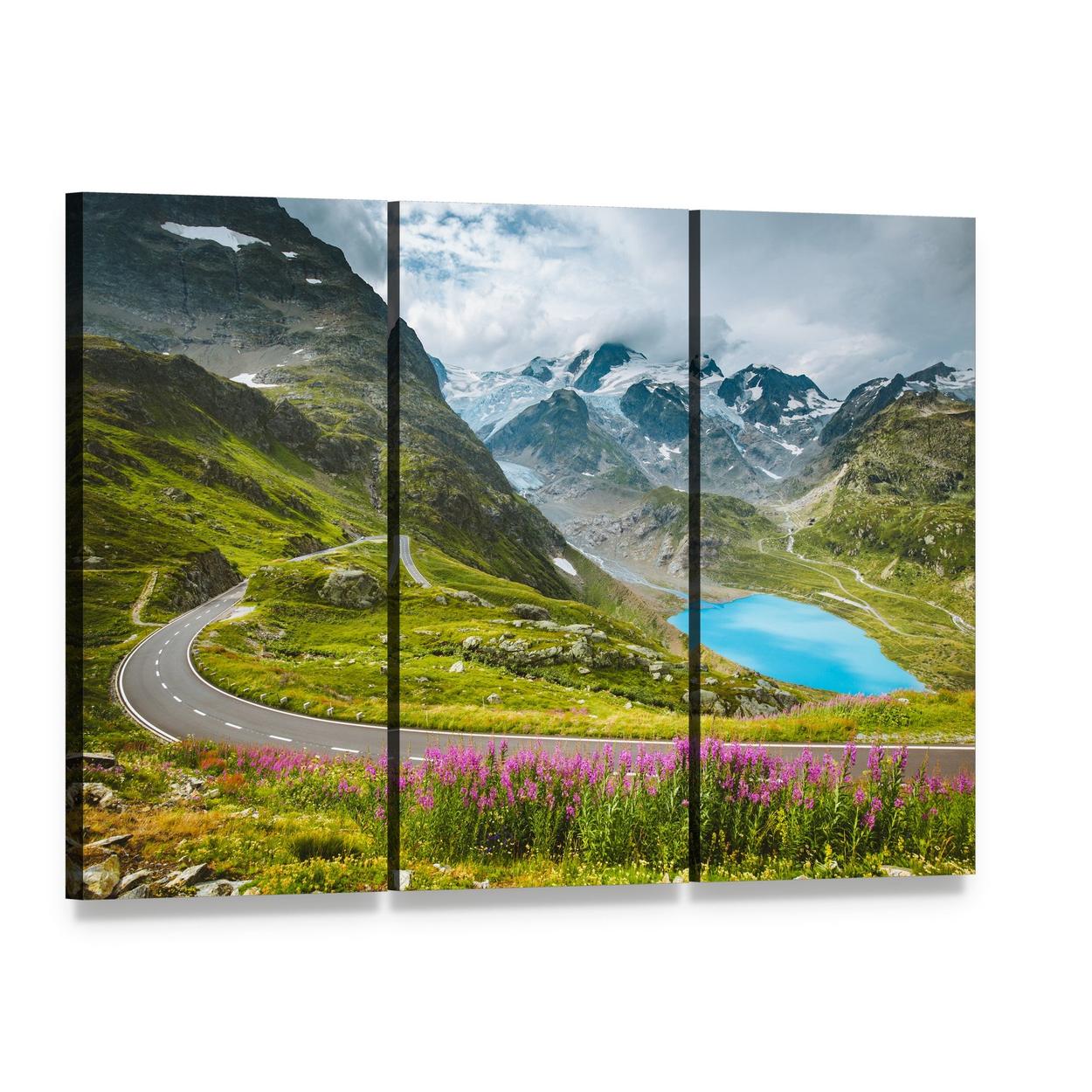 Winding Mountain Pass Road with Alpine Lake Canvas Wall Art, 3 panel 3 Horizontal layout gallery wrapped canvas set, angled product view