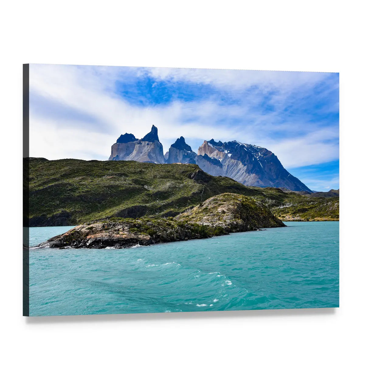 Lake Pehoe with Jagged Mountain Peaks Canvas Wall Art, single panel gallery wrapped canvas, angled product view