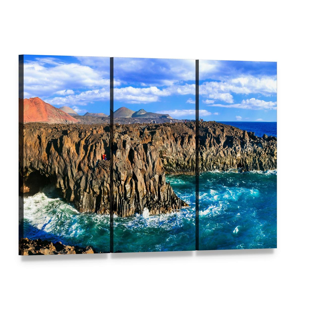 Volcanic Cliffs with Crashing Waves Canvas Wall Art, 3 panel 3 Horizontal layout gallery wrapped canvas set, angled product view