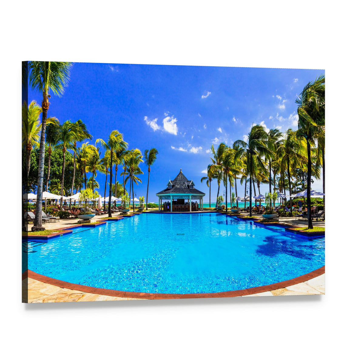 Mauritius Resort Pool with Palm Trees Canvas Wall Art, single panel gallery wrapped canvas, angled product view