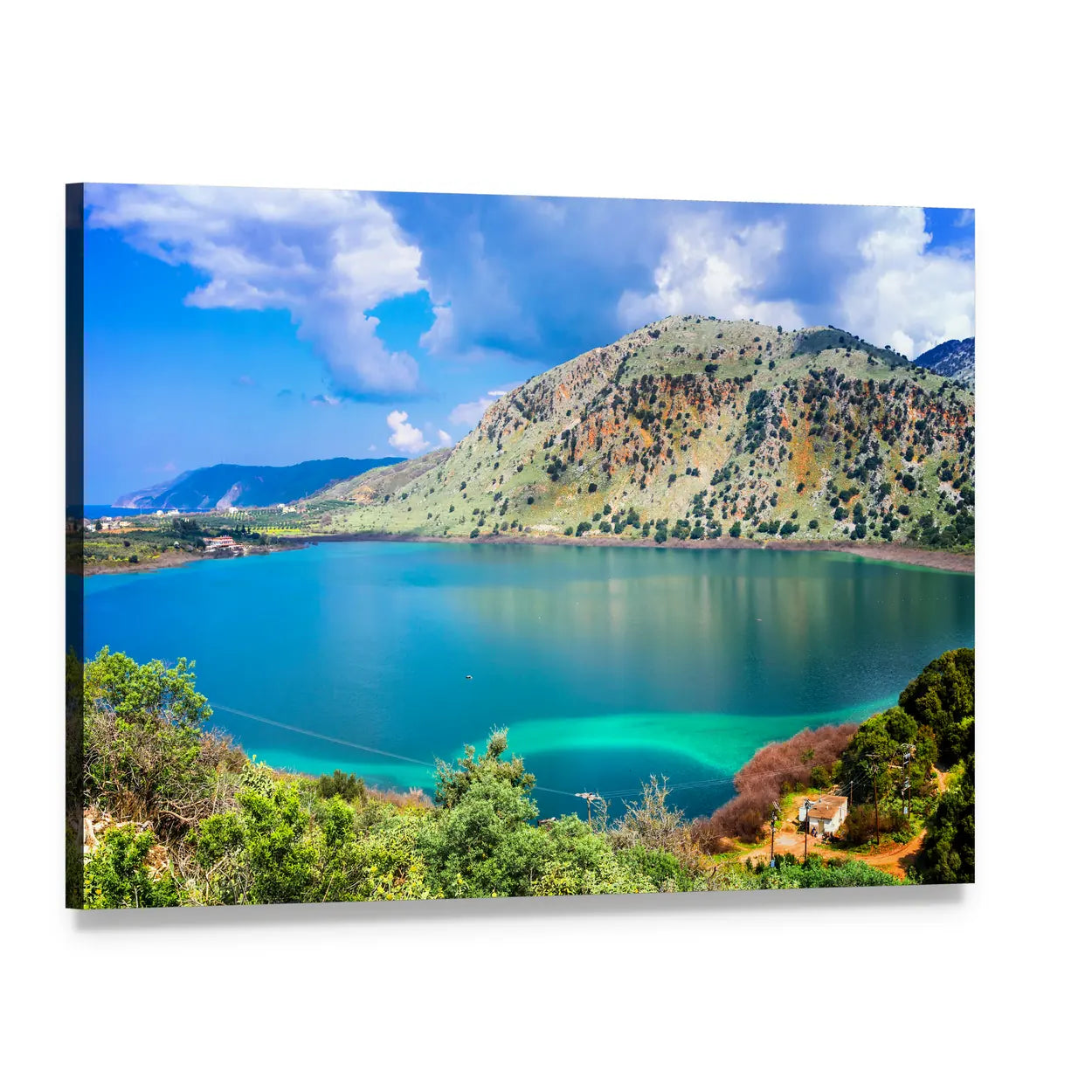 Kournas Lake Turquoise Shoreline Canvas Wall Art, single panel gallery wrapped canvas, angled product view