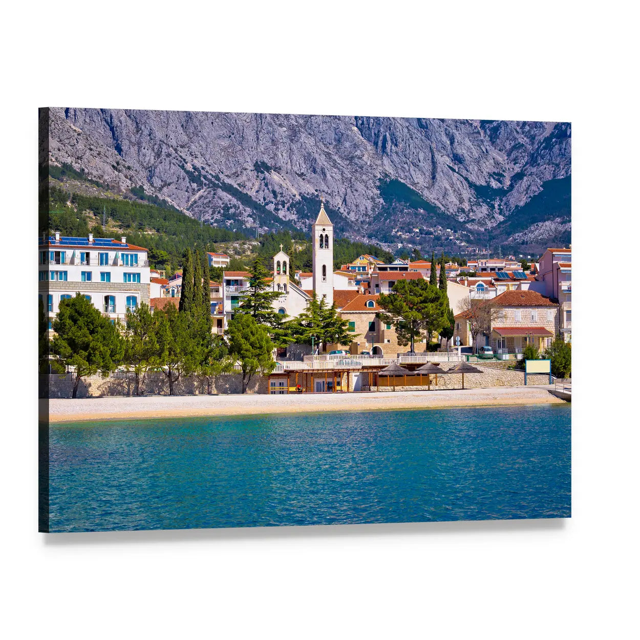 Baska Voda Coastal Townscape with Church Steeple Canvas Wall Art, single panel gallery wrapped canvas, angled product view