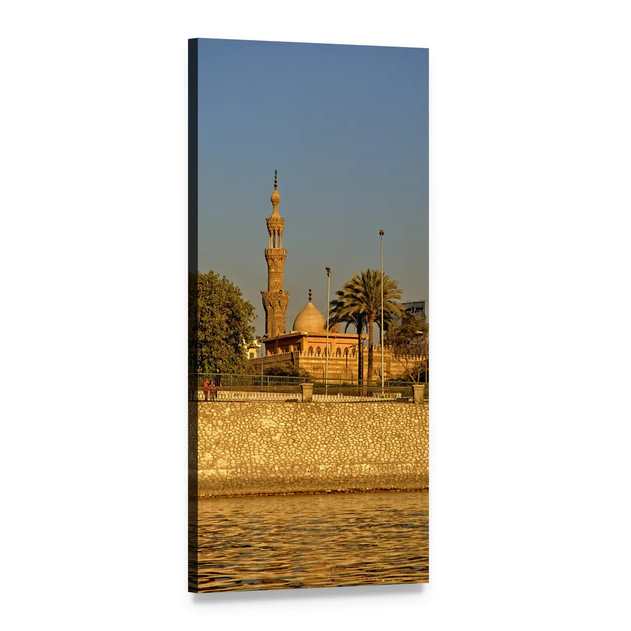 Riverside Mosque at Golden Hour Vertical Canvas Wall Art, 1 panel 1 Vertical layout gallery wrapped canvas set, angled product view