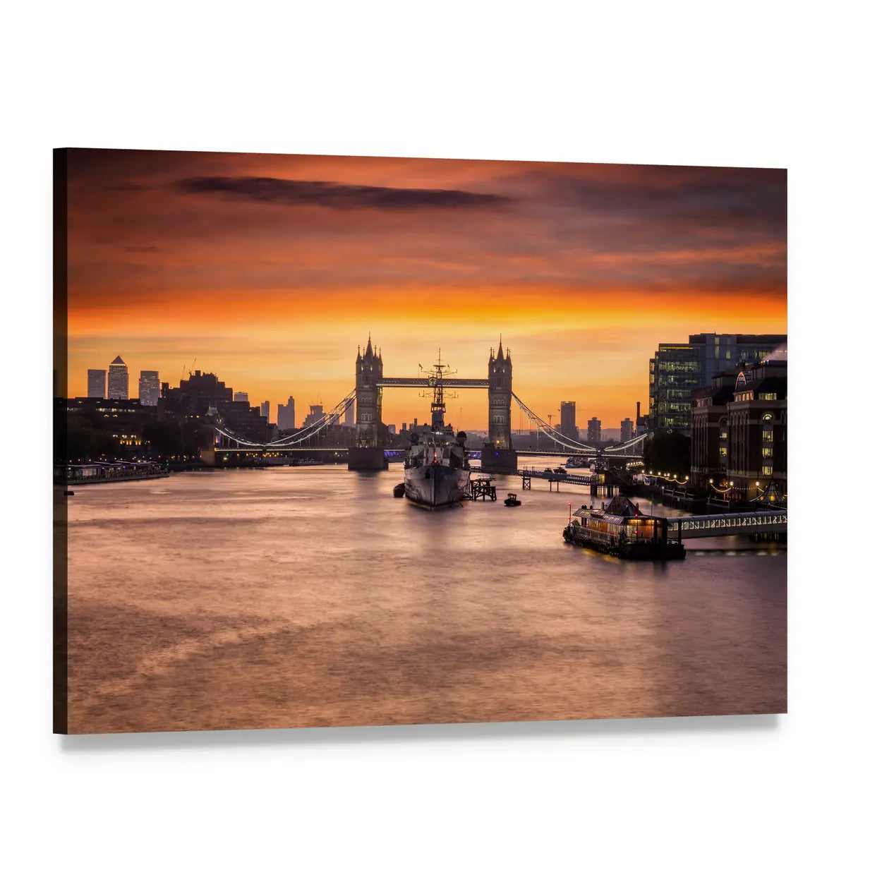 Tower Bridge and Hms Belfast at Sunset Canvas Wall Art, single panel gallery wrapped canvas, angled product view