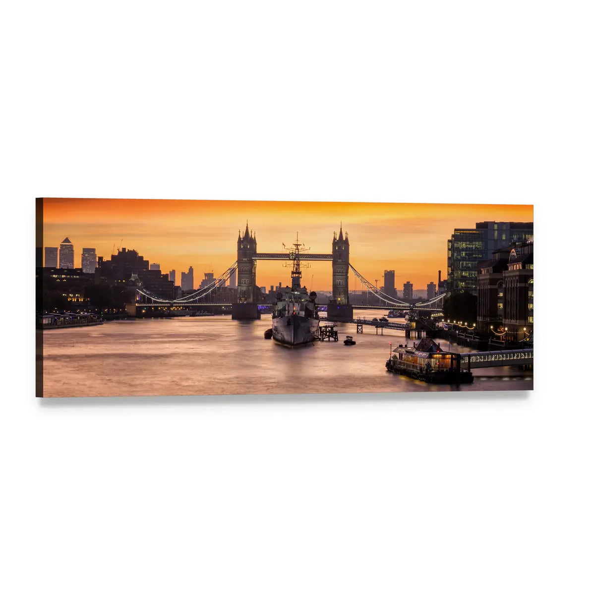 Tower Bridge at Sunset, London Panoramic Canvas Wall Art, single panel gallery wrapped canvas, angled product view